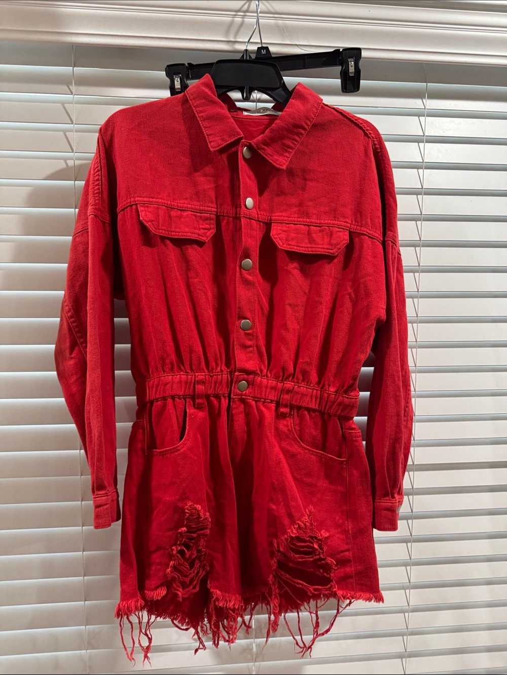 Red Distressed Denim romper